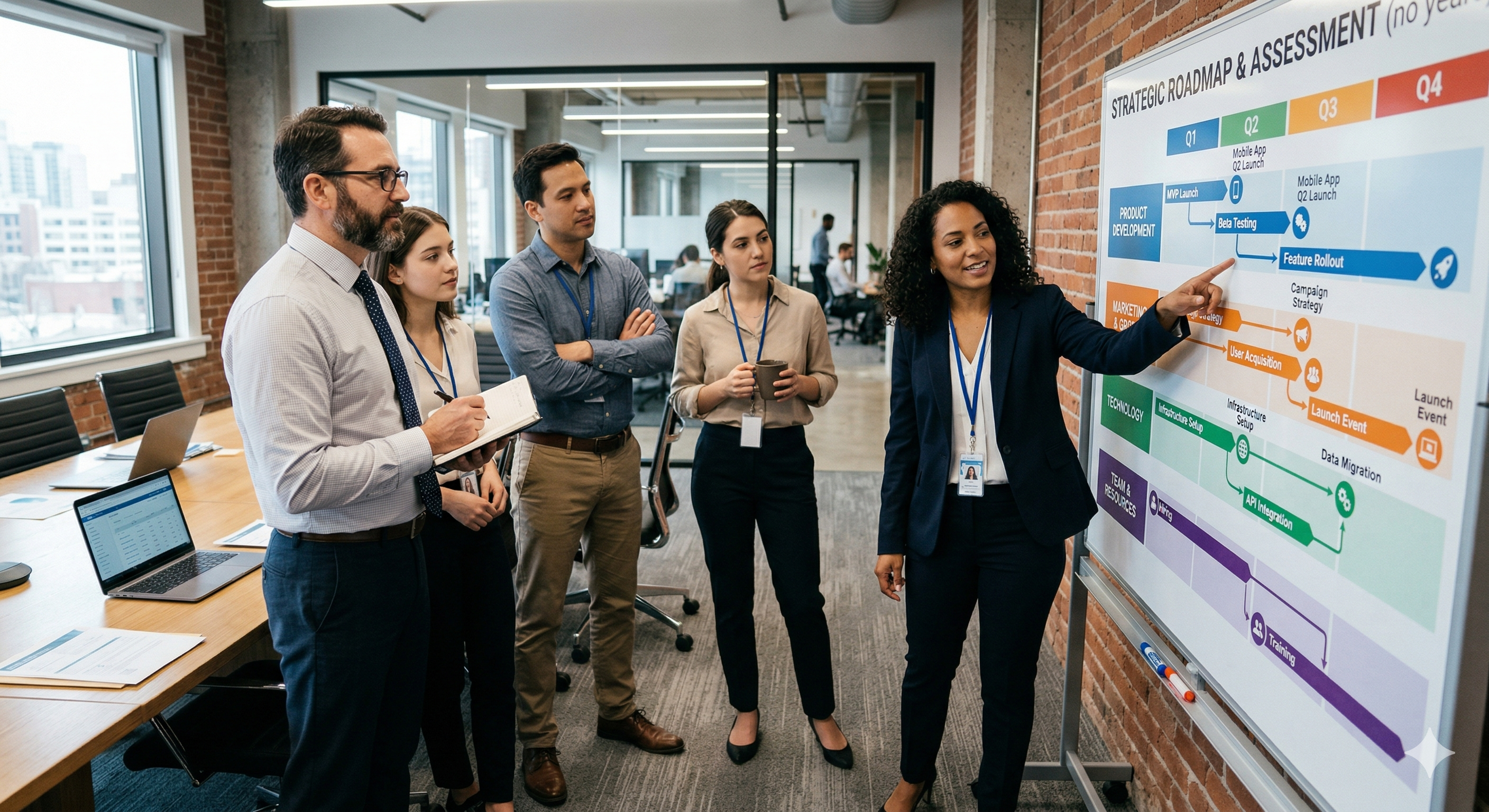 Team reviewing a strategic roadmap and assessment on a whiteboard